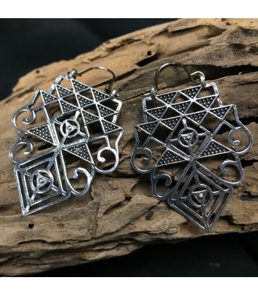 Boucles d'oreilles pendantes en zinc, Triangle de Sri Yantra, géométrie sacrée, Bienfaits énergétiques