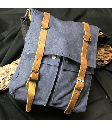 Sac postier canvas bleu et cuir