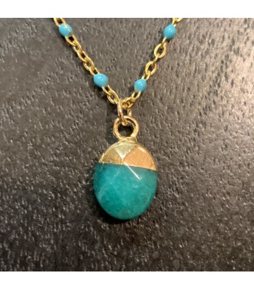 Collier en acier inoxydable doré/émaillé Bleu et son pendentif rond en pierre Bleue