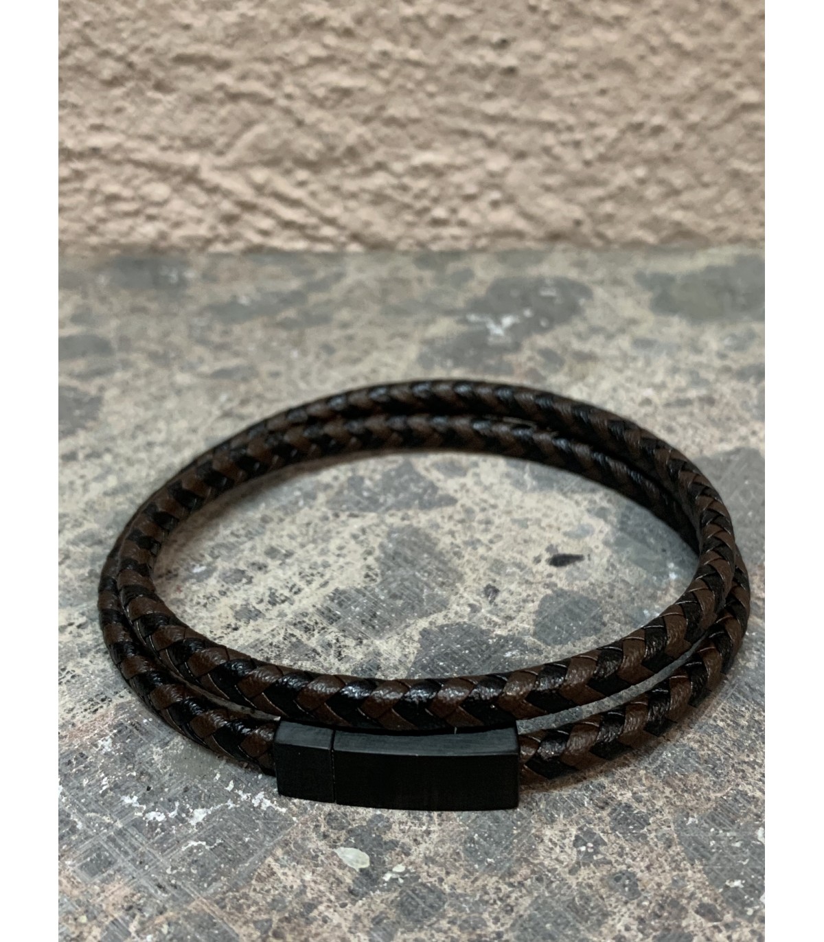 Bracelet homme en cuir noir et cuir marron tressé fermoir acier