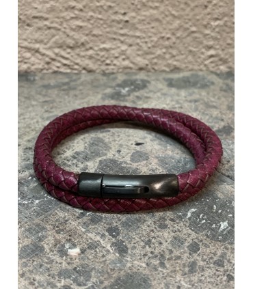 Bracelet cuir tréssé rond double, bordeaux, fermoir acier noir mat